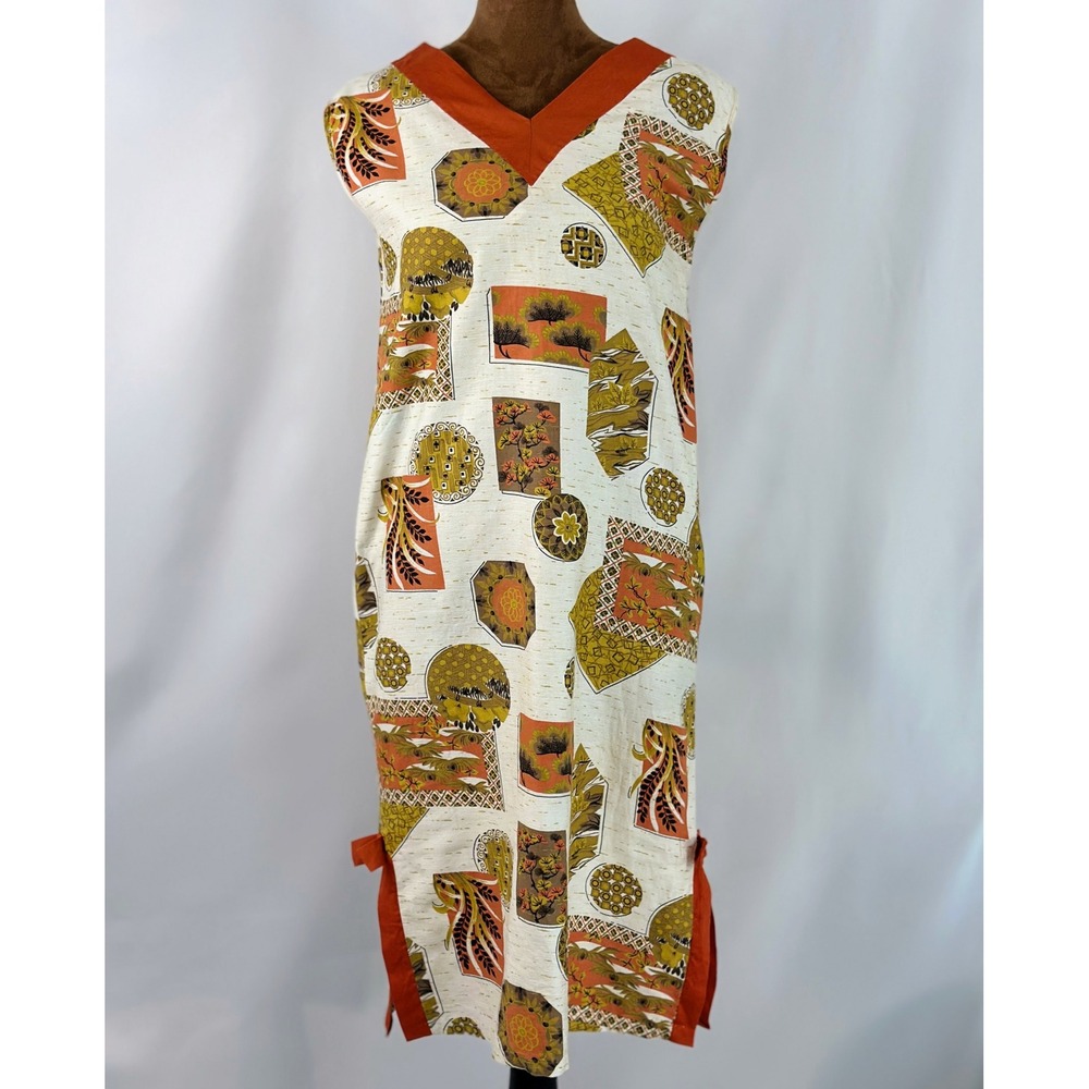 Cape-Heart Fashions Shift Dress Women 10 Orange Green Vintage 60s Cotton Good
